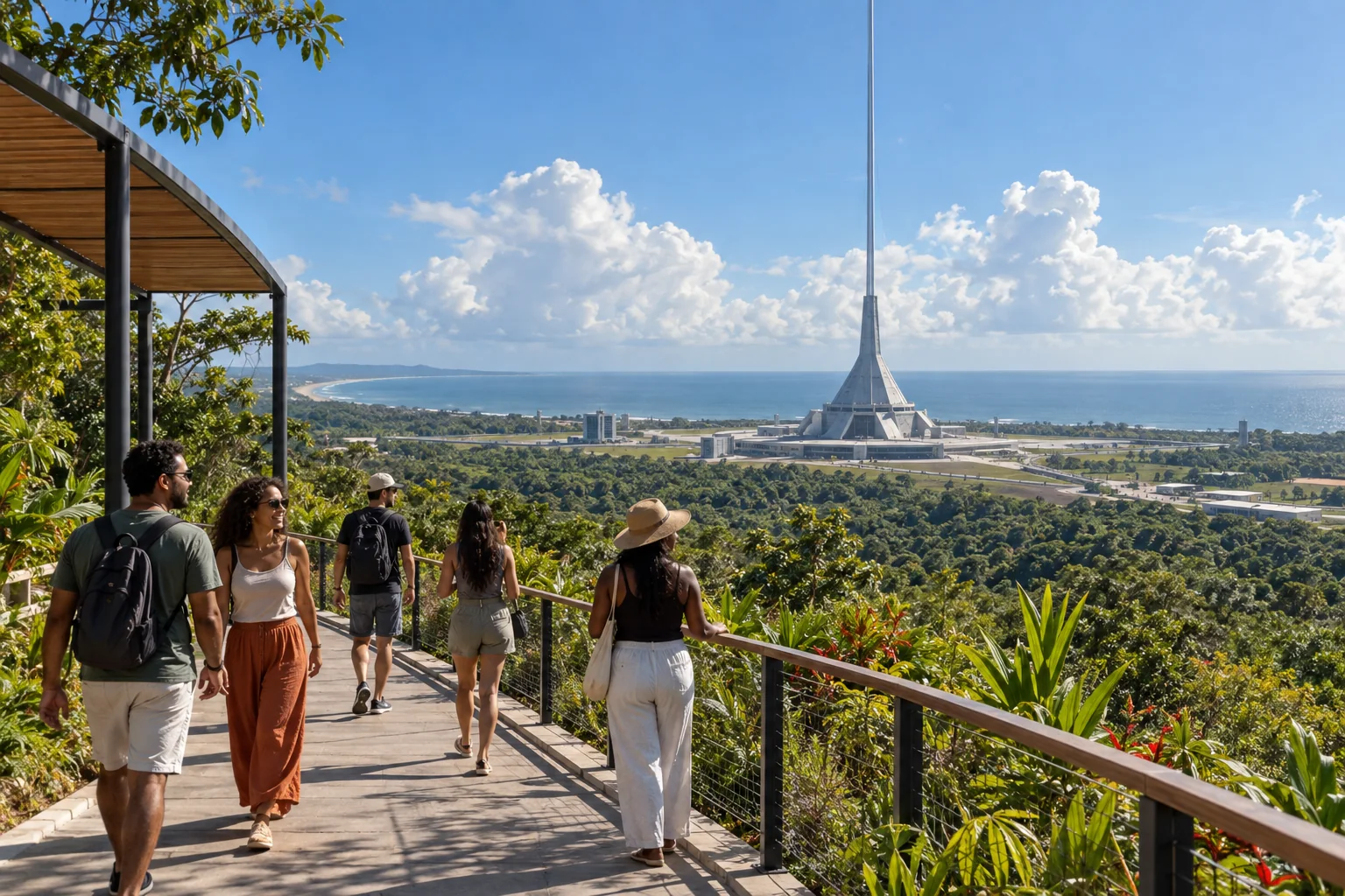 Adultos caminham numa passarela entre vegetação tropical, diante de uma base costeira de onde sobe o cabo do elevador.