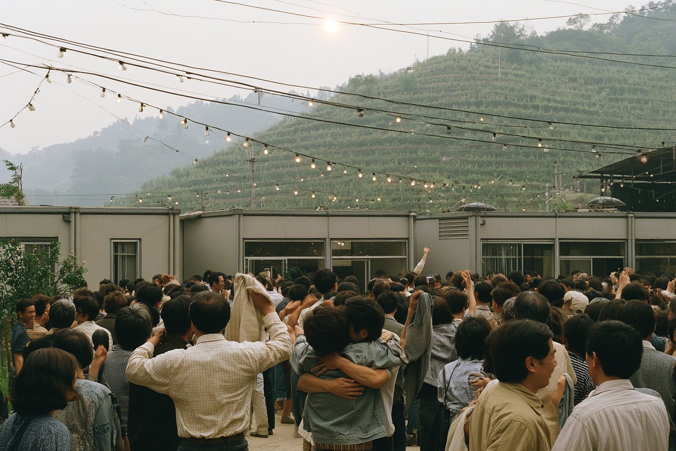 A celebração na praça da Primeira Âncora, em Meia-Luz, sob o poente que não termina; ao fundo, os pomares em socalcos de Clareira.