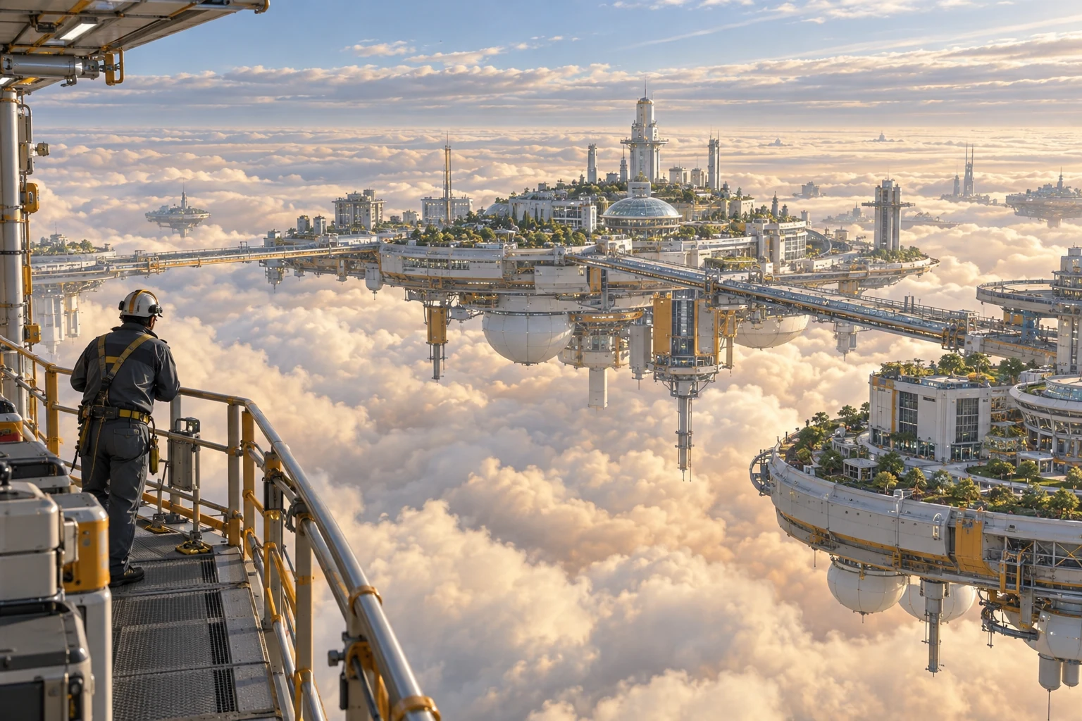 Bairros e jardins de uma cidade suspensa sobre nuvens de Júpiter, vistos de um terraço de manutenção sem solo abaixo.