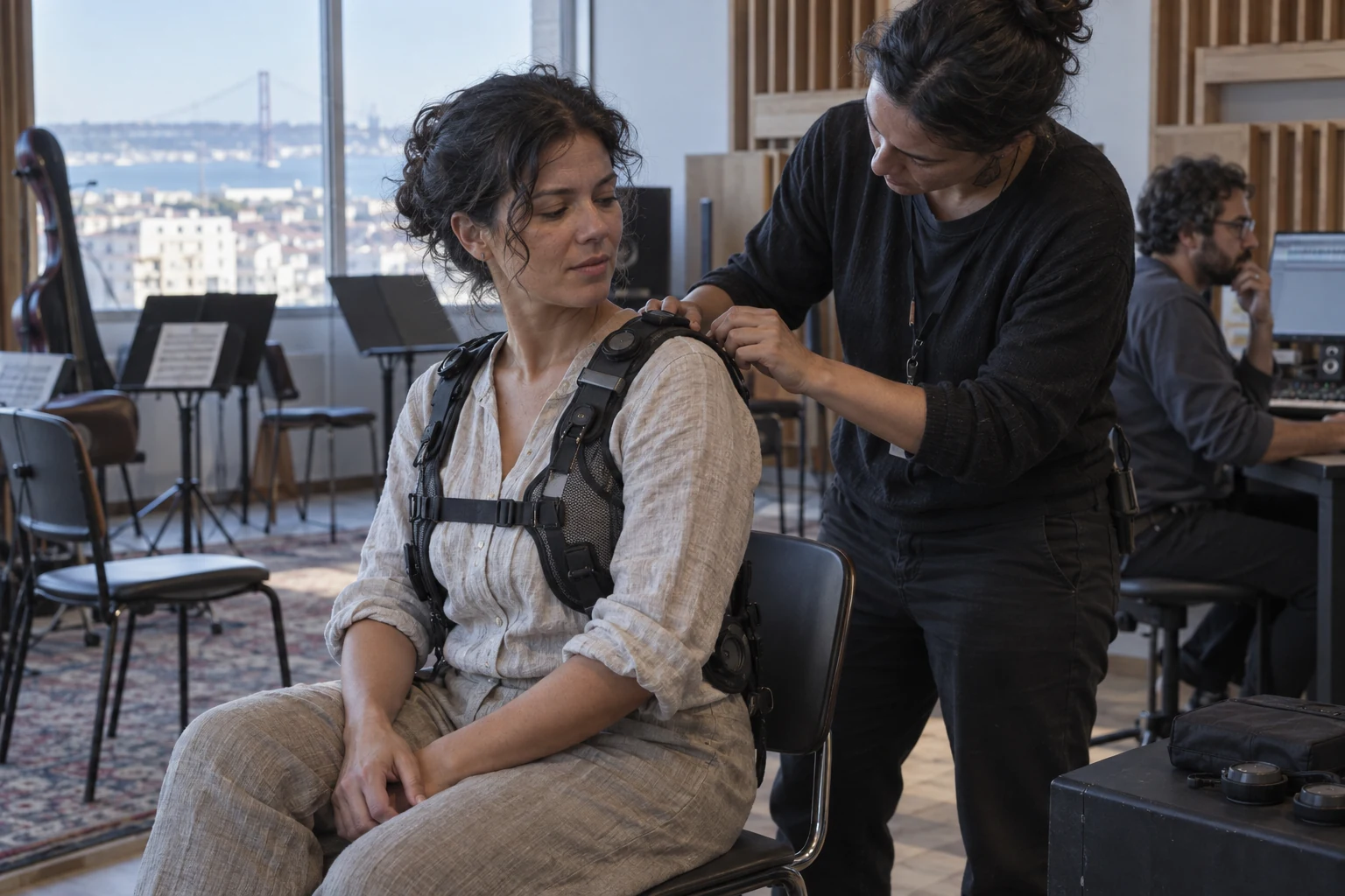 Adulta sentada recebe ajuste no ombro de um colete acústico, numa sala clara com painéis de madeira.