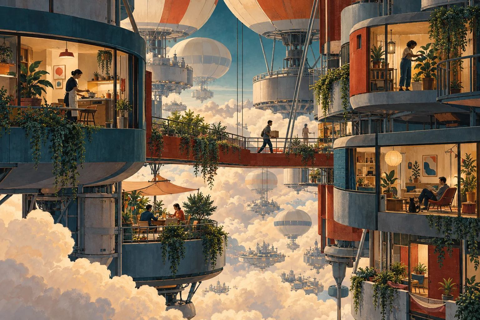 Ilustração em camadas mostra apartamentos modulares, adultos em atividades domésticas e passarelas suspensas entre nuvens.