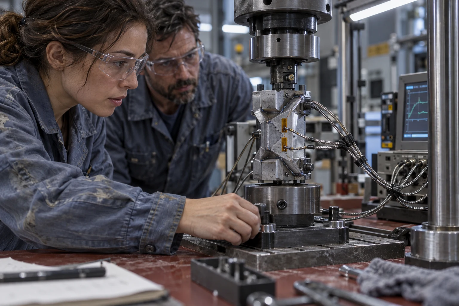 Dois técnicos adultos observam uma junta metálica instrumentada presa a uma máquina de ensaio.