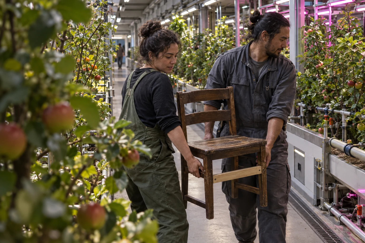 Dois adultos carregam uma cadeira de madeira reparada entre fileiras de árvores frutíferas num corredor comprido de nave-geração.