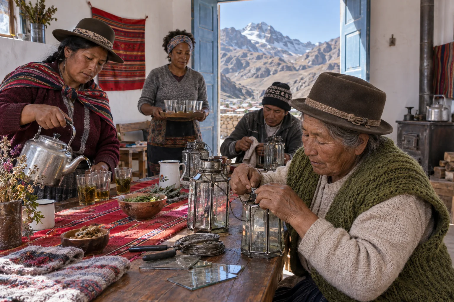 Adultos trabalham numa mesa com copos e lamparinas apagadas, diante de uma porta aberta para os Andes.